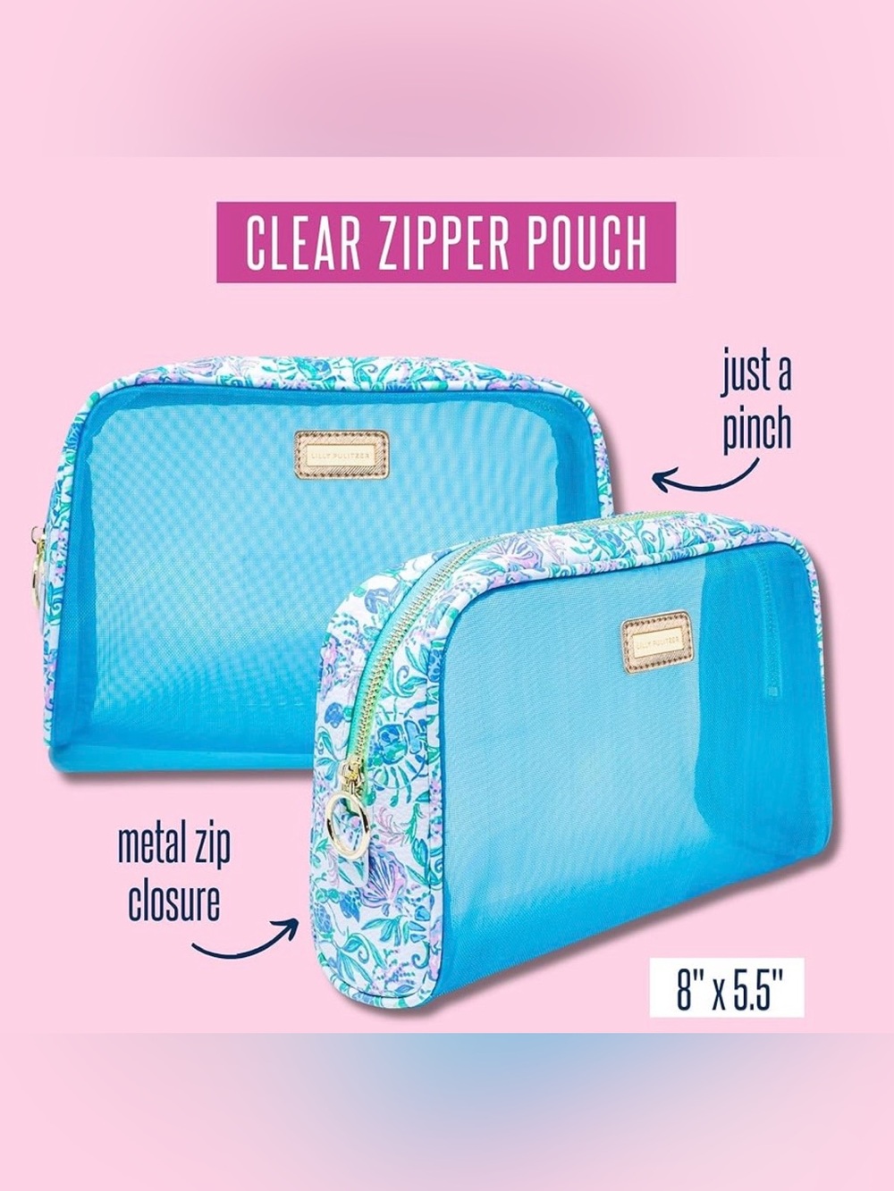 Lilly Pulitzer Aqua Clear Zip Pouch with Floral Trim SET OF TWO